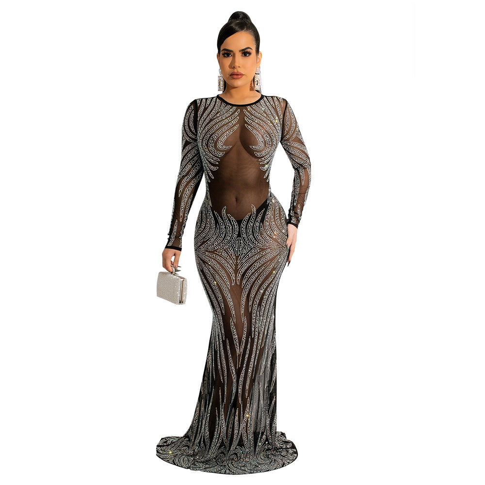 Banquet Red Carpet See-Through Rhinestone Fishtail Dress