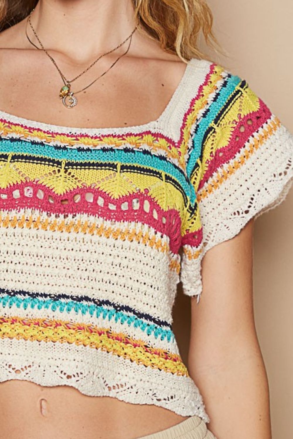 Openwork Ethnic Pattern Square Neck Cropped Knit Top - US Only
