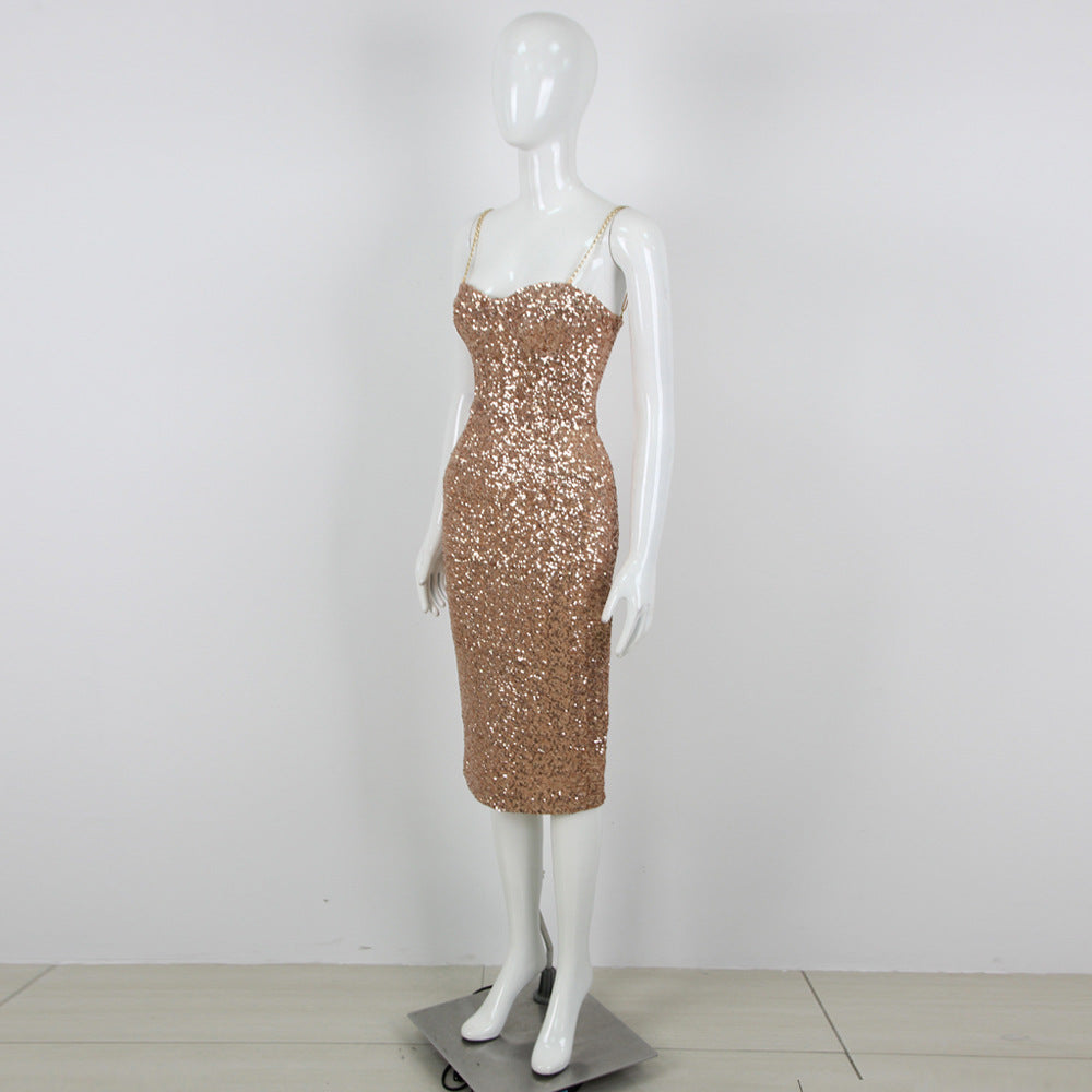Sequins Off-the-Shoulder Tube Top Slim Fit Sheath Long Dress