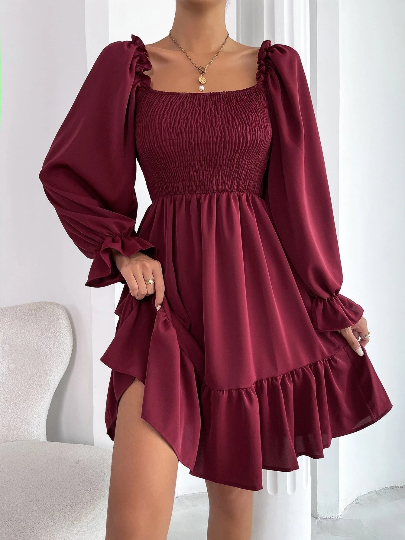 Flared Long-Sleeve Square-Neck Ruffled Swing Dress