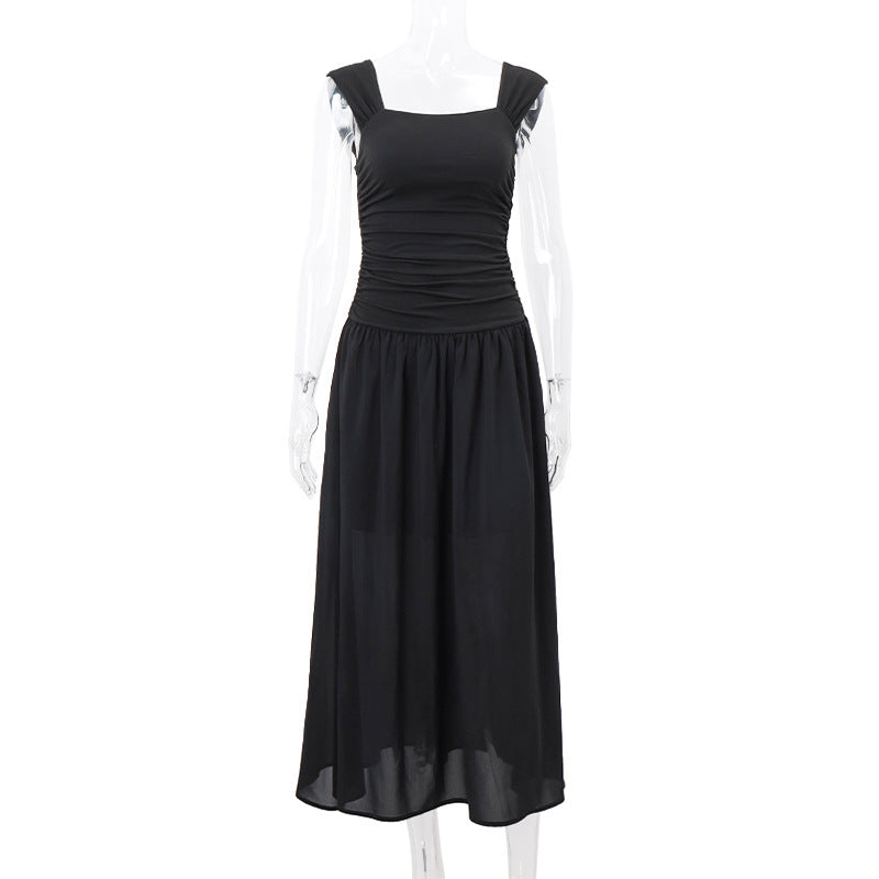 Square-Collar Pleated Large Swing Waist-Slimming Mesh Sling Dress