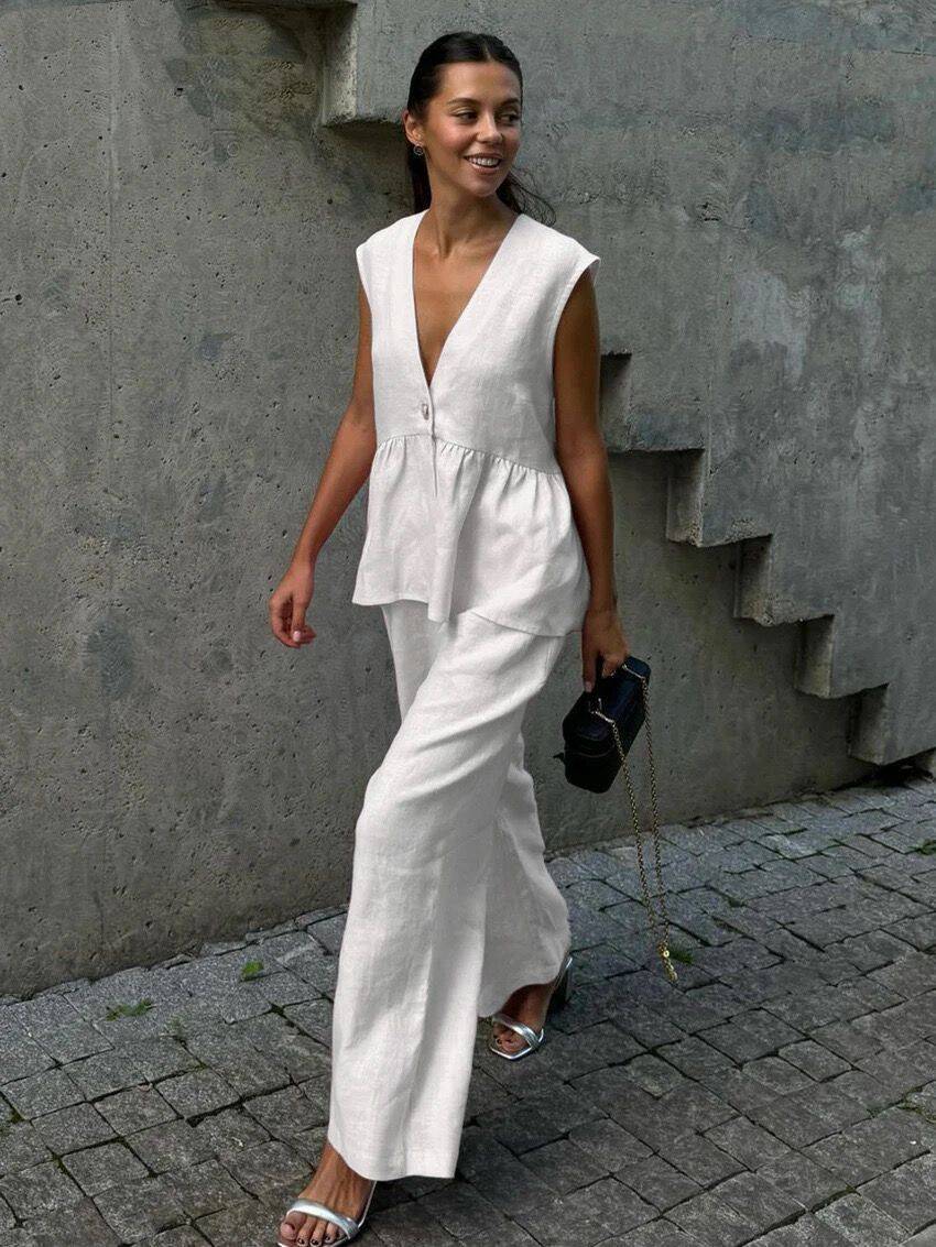 V-Neck Vest & Wide-Leg Pants Outfit