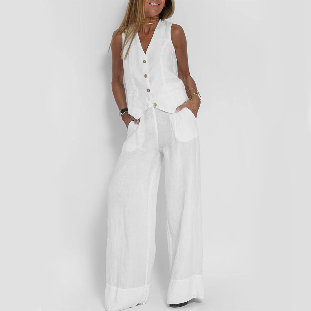 Button Sleeveless Vest & Straight Trousers Outfit