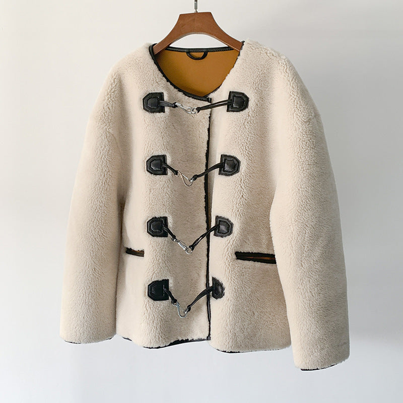 New Metal Leather Ring Fur Stitching Coat