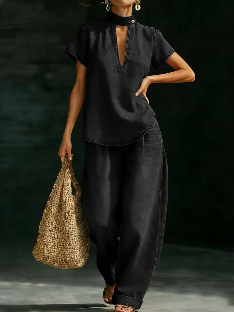 Solid-color Short-sleeve Casual Loose-fit Faux Denim Two-piece Set