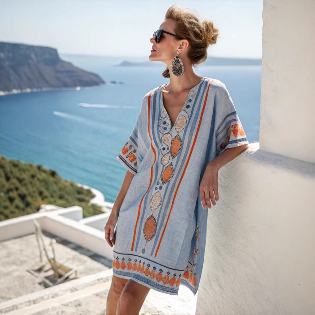 Loose Printed V-Neck Casual Holiday Dress