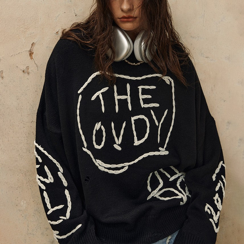 Perforated Round-Neck Loose-Knit Sweater
