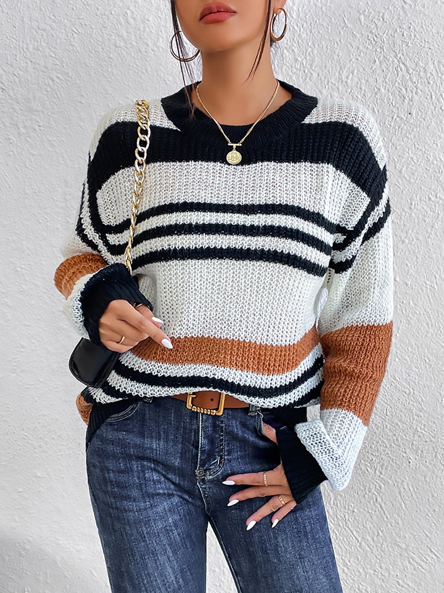Women's Pullovers Mixed Color Stripes Cardigan