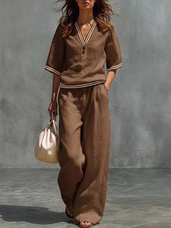 Cotton-Linen V-Neck Casual Comfortable Short-Sleeve Shirt And Pants Set