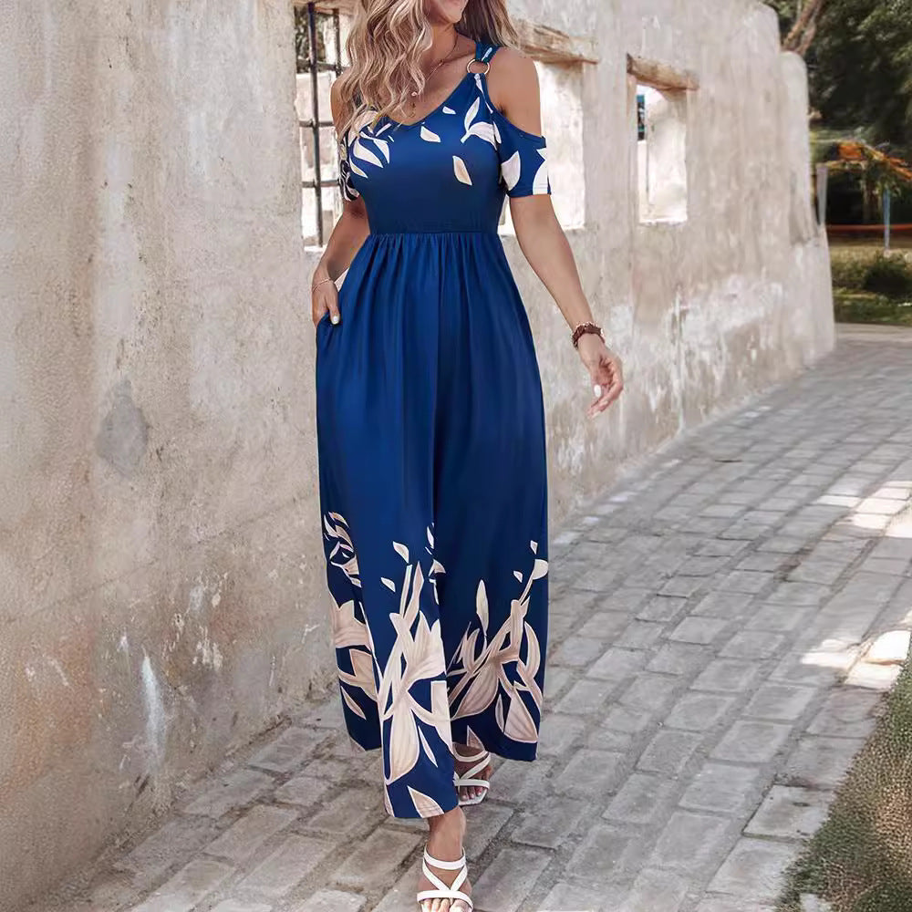 Shoulder-Baring Printed Long Dress