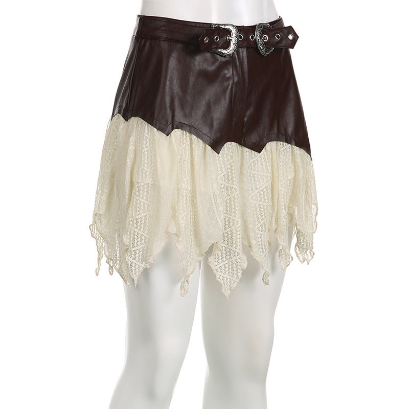Leather Stitching Irregular Lace Skirt