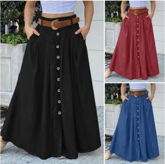 Casual Button Pocket Long Swing Skirt