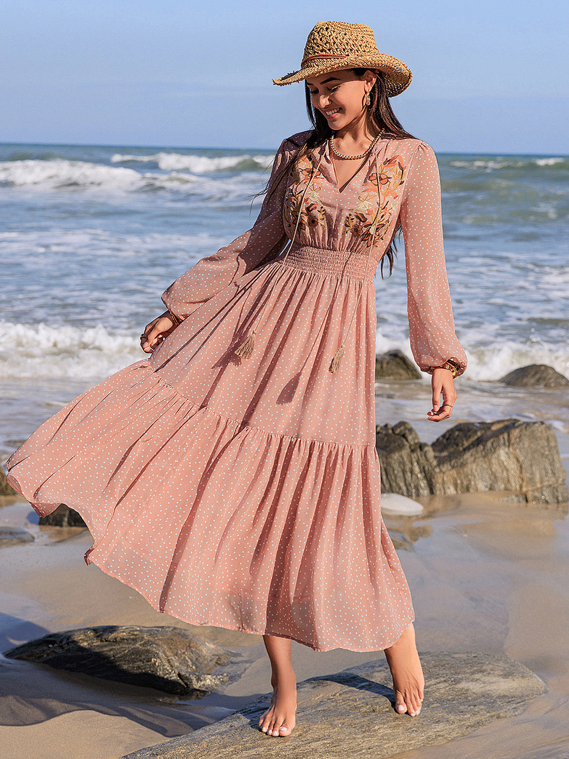 Embroidered Polka Dot Tie-Neck Long-Sleeve Midi Dress - US only