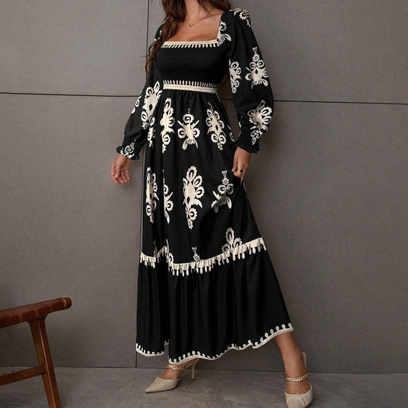 Elegant Retro Geometric Print Lantern-Sleeve Dress - US Only