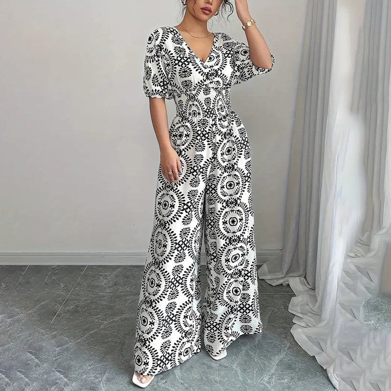 Short-Sleeve V-Neck Wide-Leg Pants Jumpsuit - US Only
