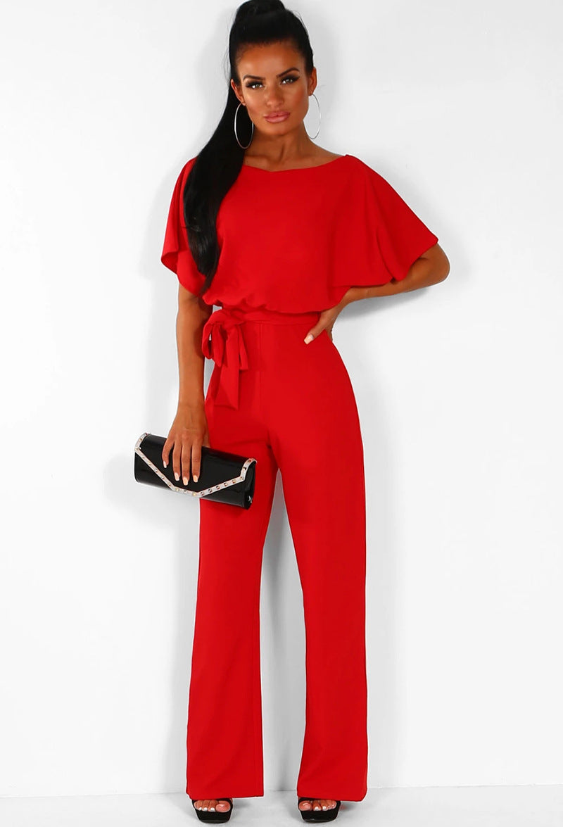 Lace-Up Button Short-Sleeve Jumpsuit