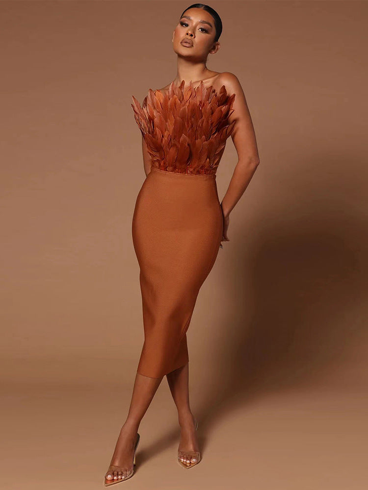 Feather Stretch Slim-Fit Bandage Tube-Top Dress