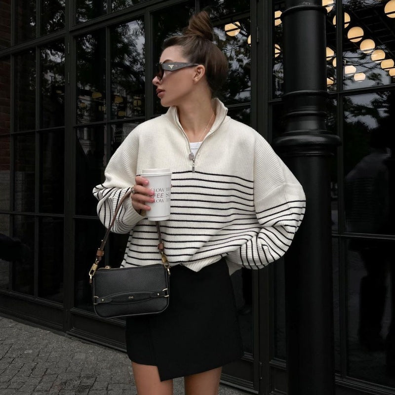 Striped Lapel Half-Open Zipper Knitted Sweater