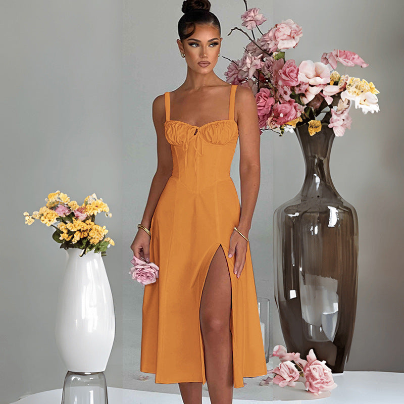 Casual Lace-Up Slim-Fit Slit Sling Dress