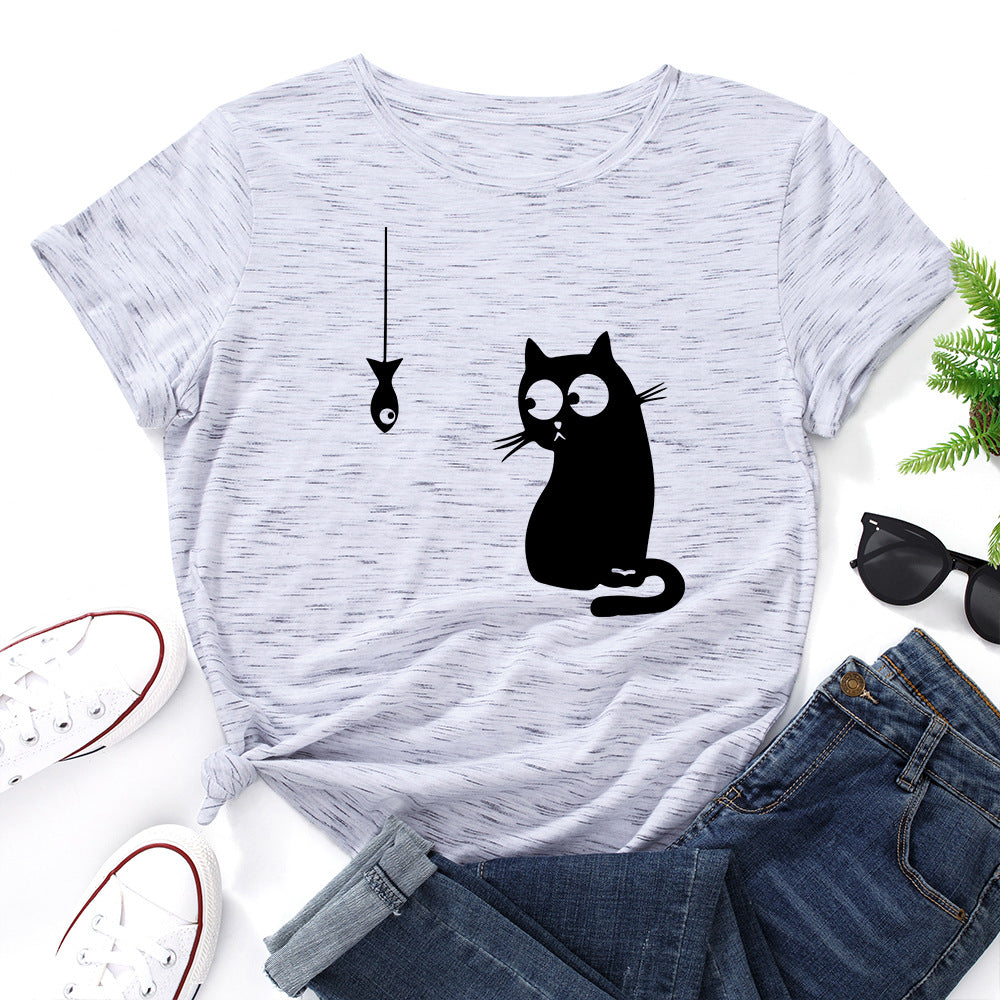 Women's Cute Cat Loose Round-Neck Cotton Short Sleeve T-Shirt