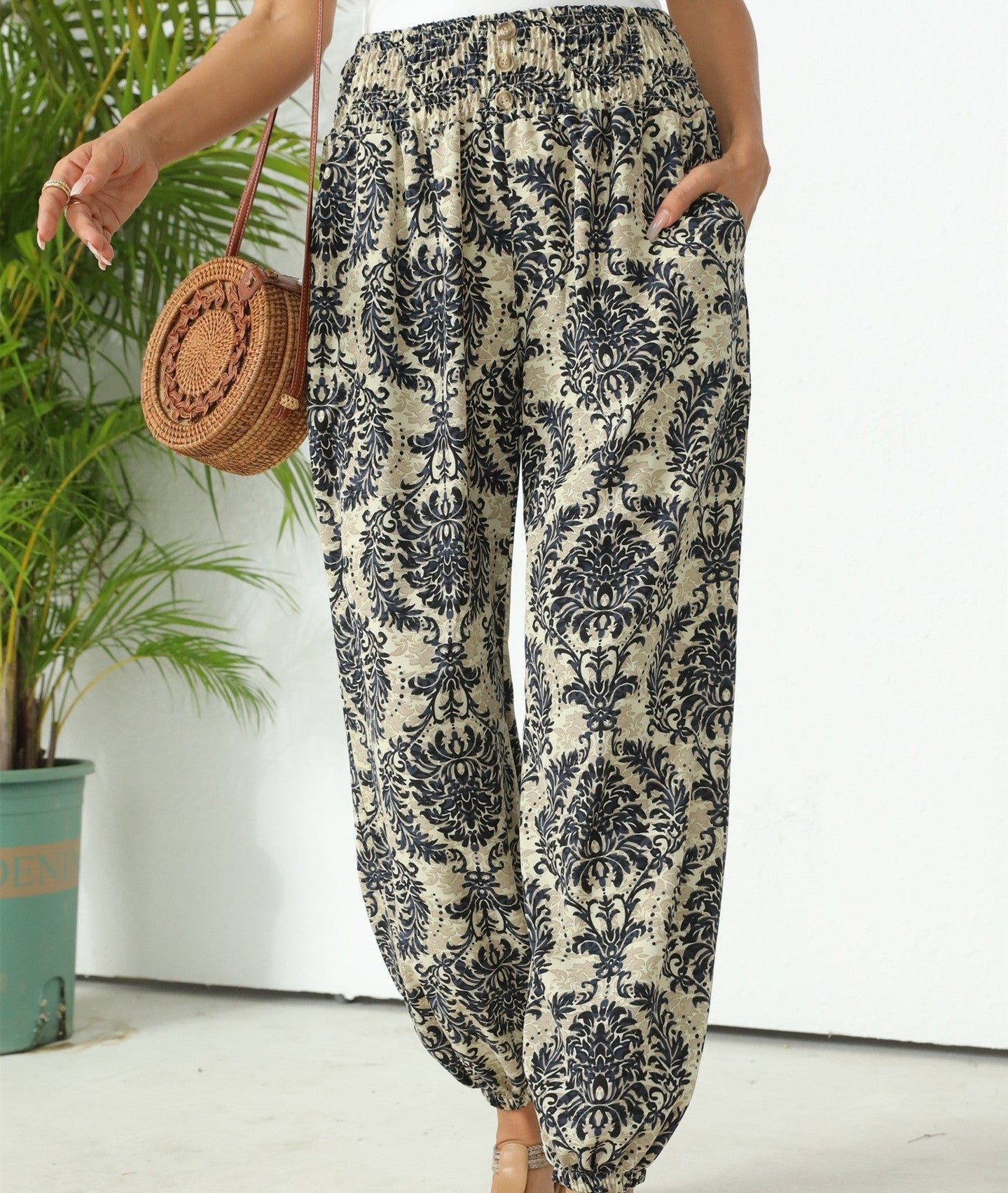 Women's Loose Slimming High-Waist Print Trousers