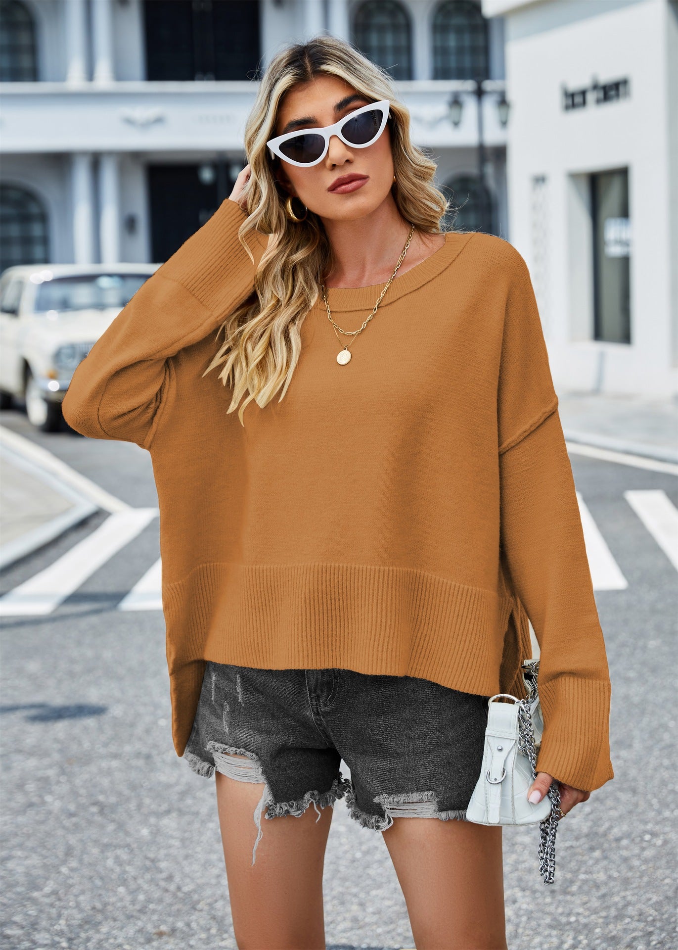 Round-Neck Women's Knitwear Bell-Sleeve Solid-Colour Sweater