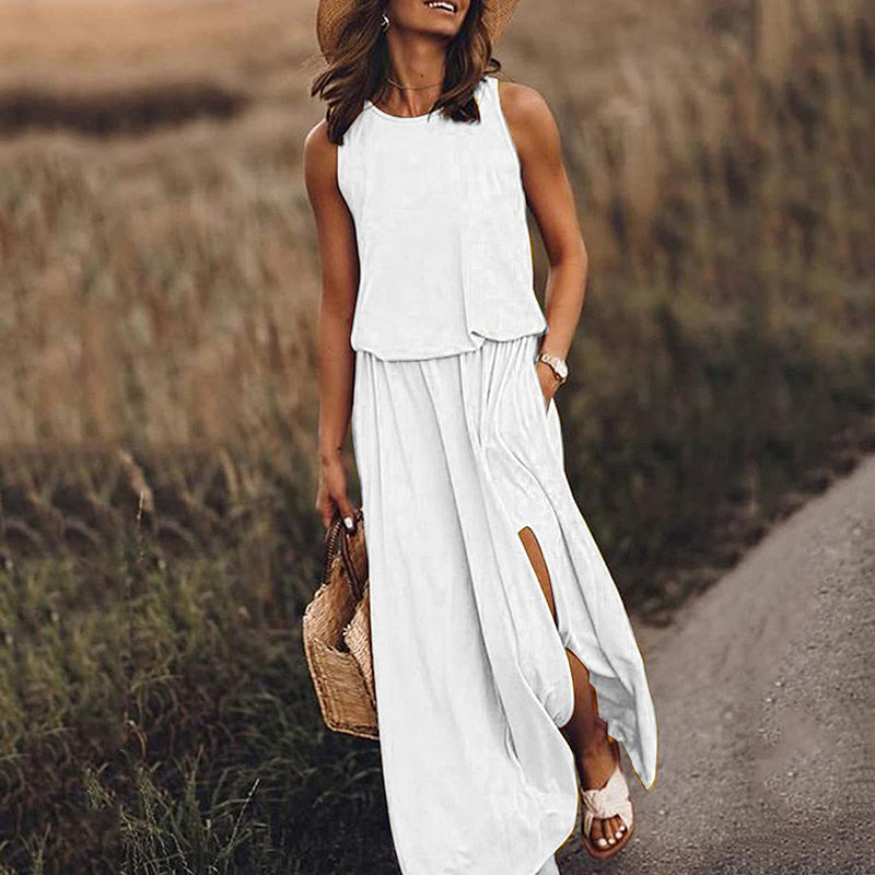 Pockets Sleeveless Crew-Neck Maxi Dress - US Only