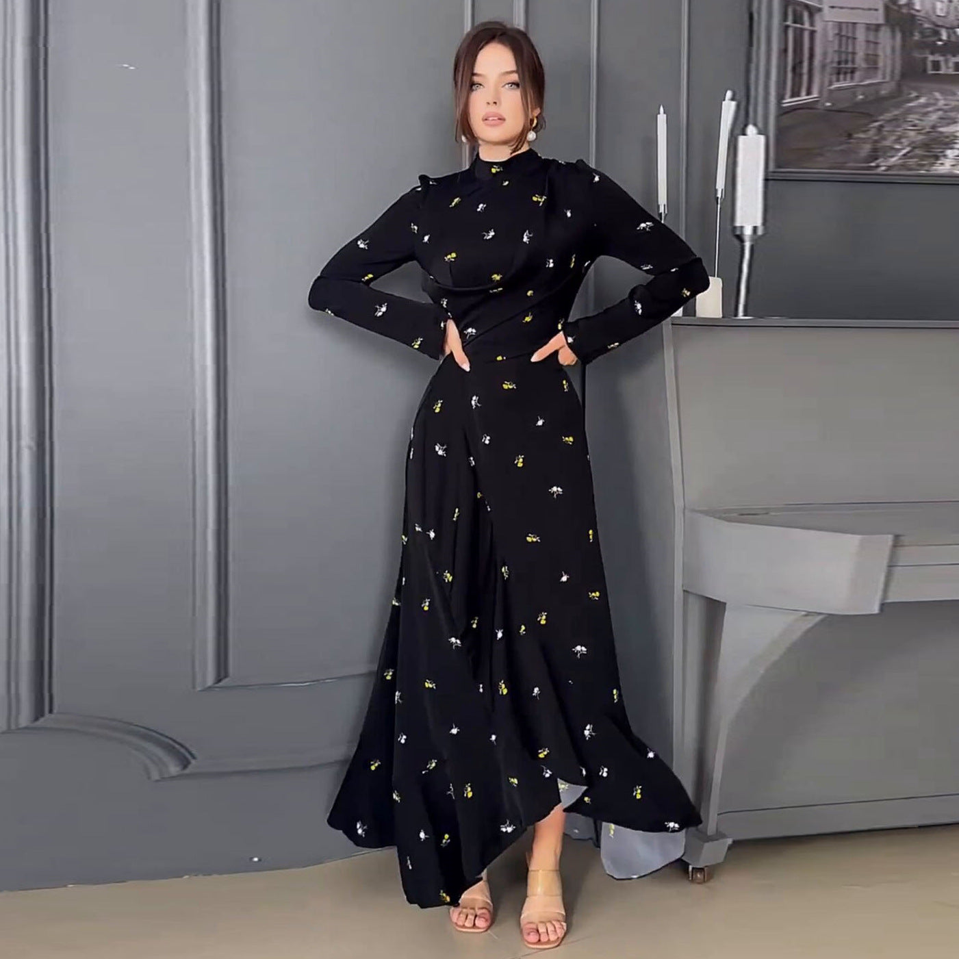 Long-Sleeve Slim-Fit Ruffled Large Swing Dress
