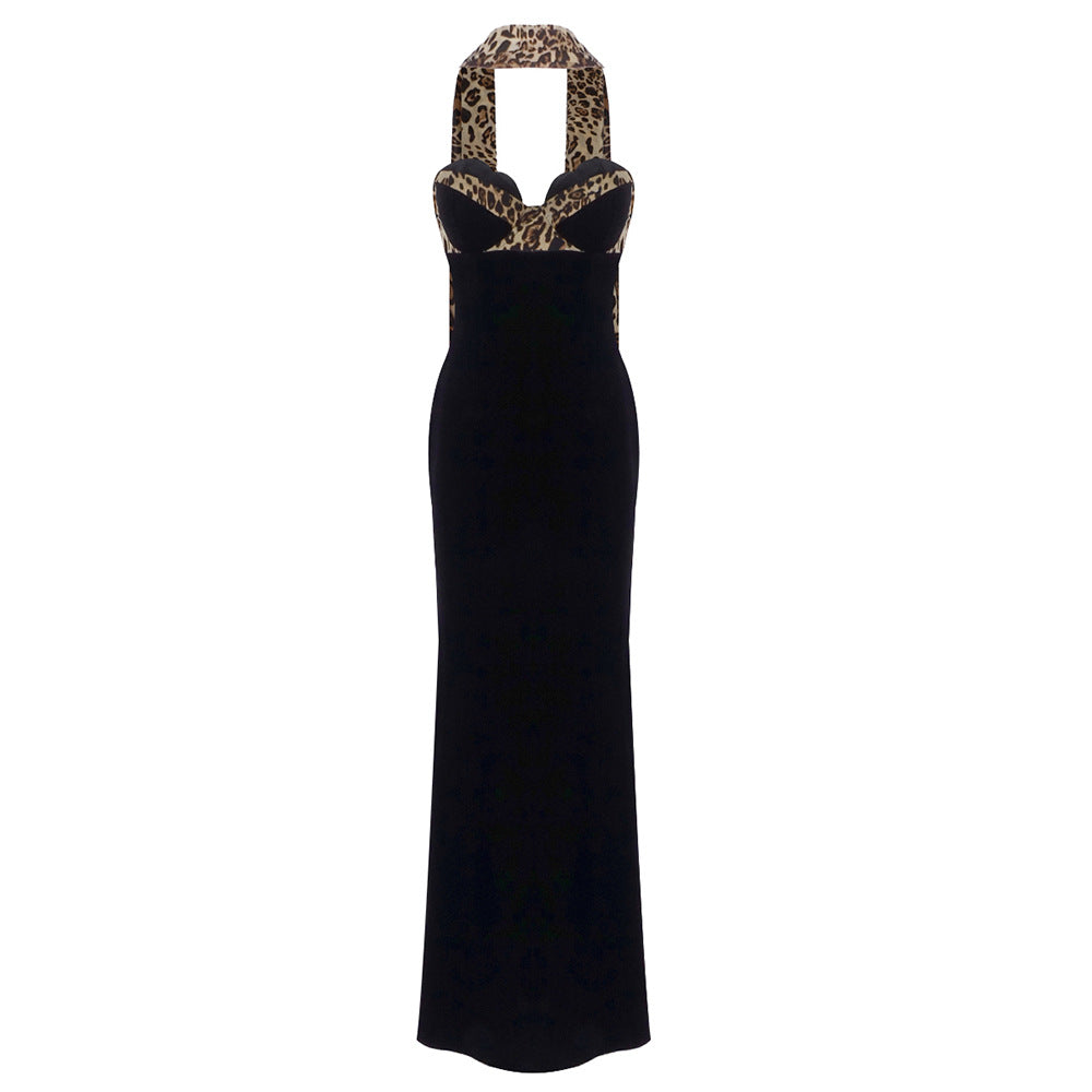 Leopard-Print Ribbon-Spliced Velvet Tube Dress