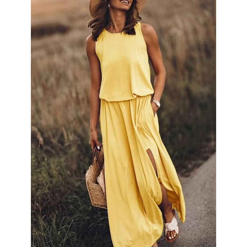 Pockets Sleeveless Crew-Neck Maxi Dress - US Only
