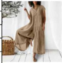 Europeanstyle Womens Casual Solid-colored,Short-sleeved, Mediumlength Cottonlinen Shirt And Pants Set