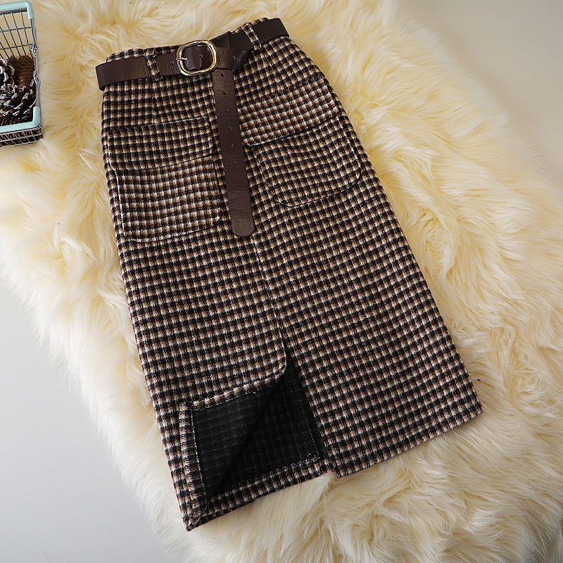 High-Waist Slim Woollen Plaid Skirt