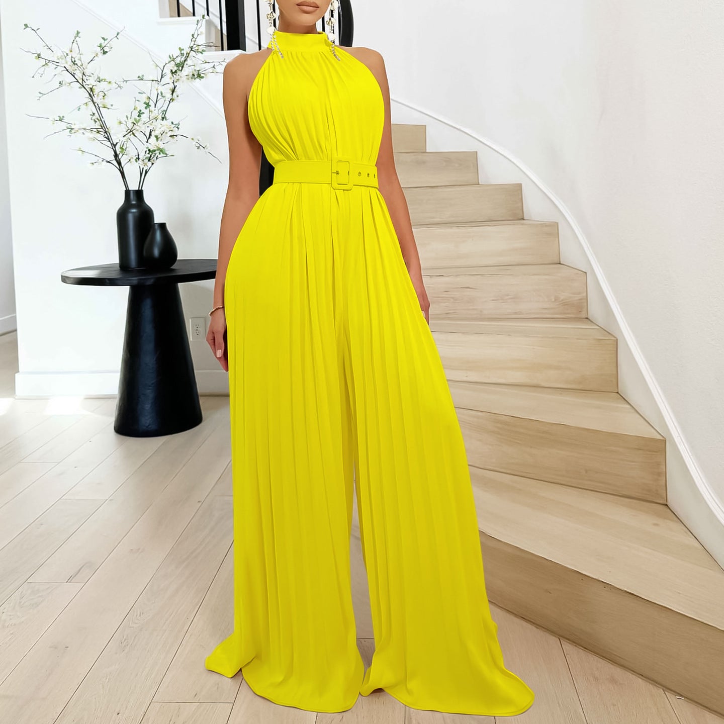 Pleated Wide-Leg Belt Jumpsuit