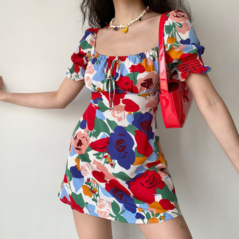 French Retro Square-Neck Tie-Up Mini Dress