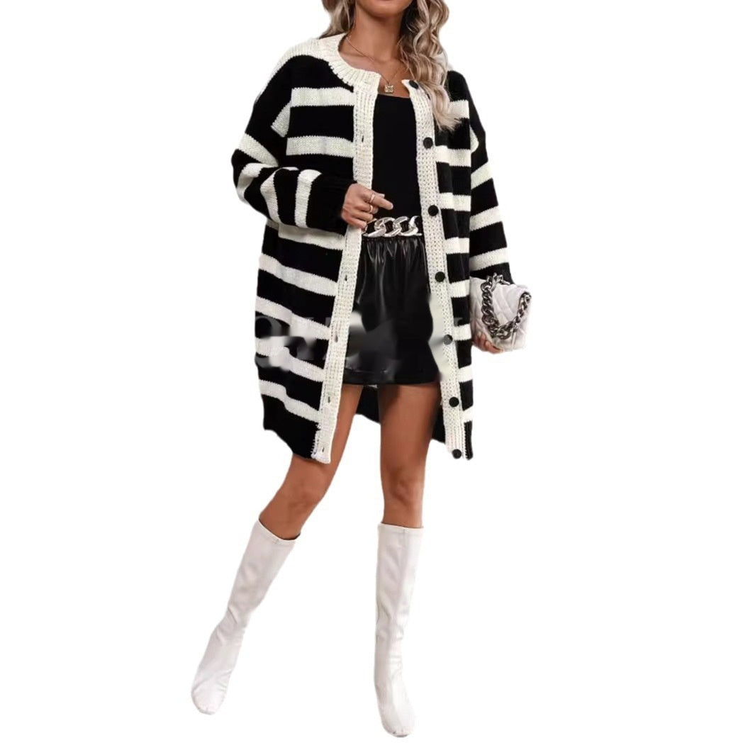 Striped Long-Sleeve Loose Sweater Coat