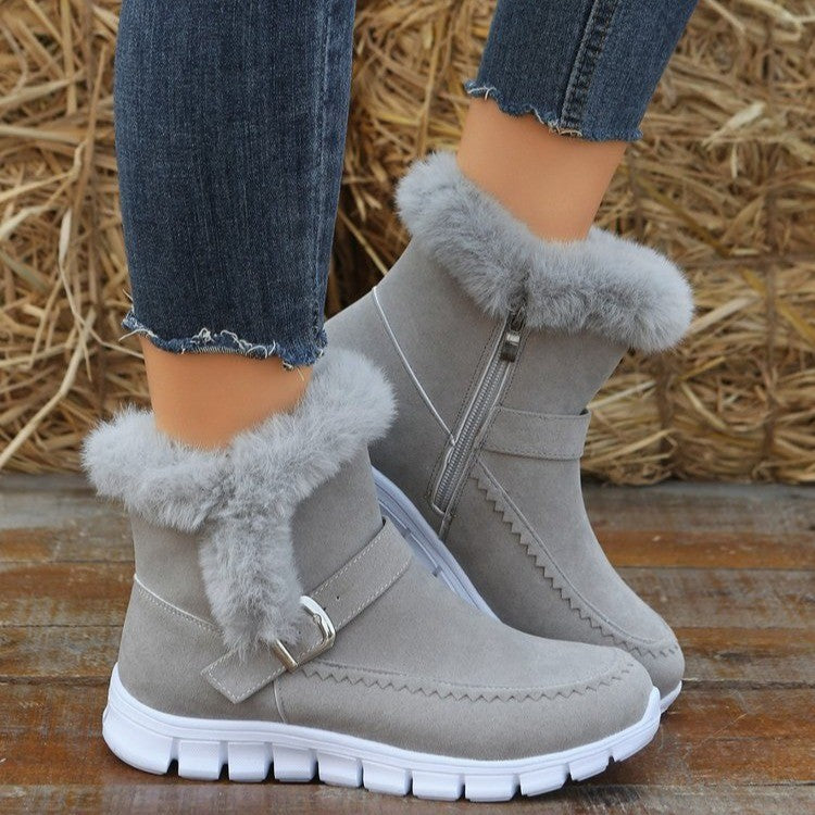 New*****!!!! - Thickened Solid Colour Plush Ankle Snow Boots With Buckle Design