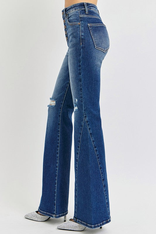 Distressed Button-Fly Flare Jeans - US Only