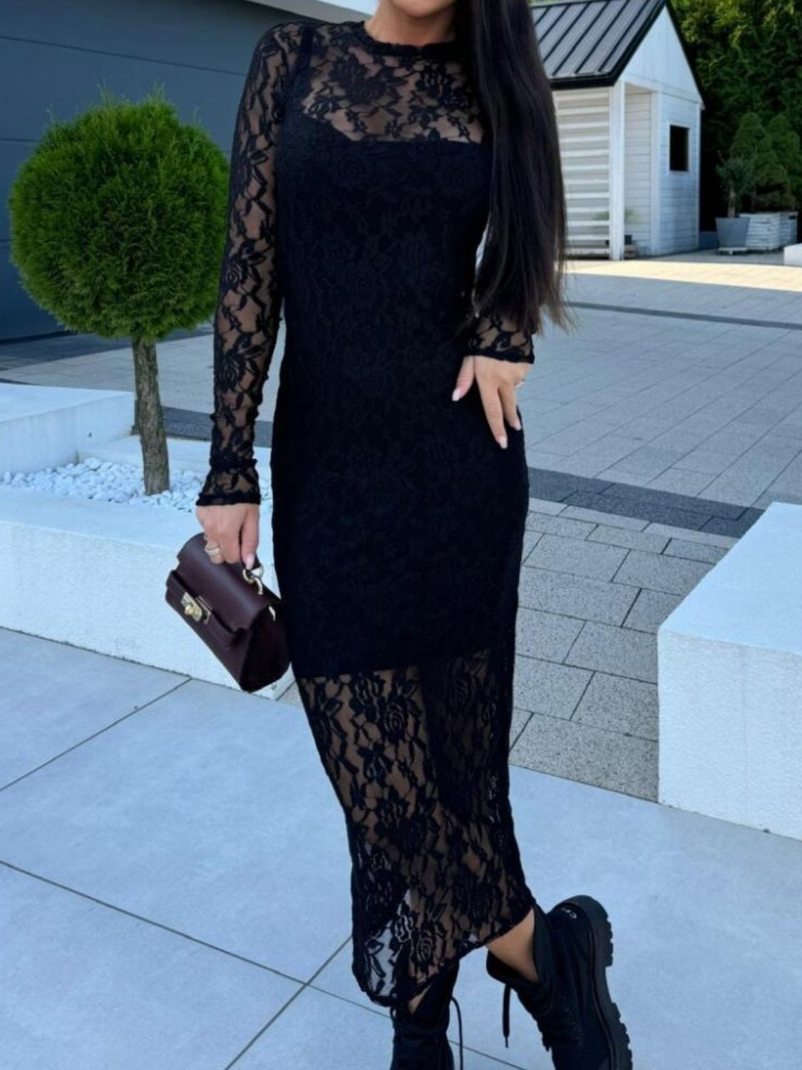 Lace Round-Neck Long-Sleeve Midi Dress - US Only