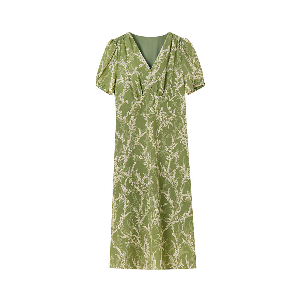 Avocado Green Chiffon Printed Tea V-neck Dress