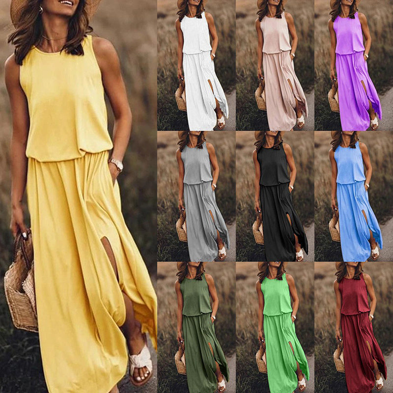 Pockets Sleeveless Crew-Neck Maxi Dress - US Only