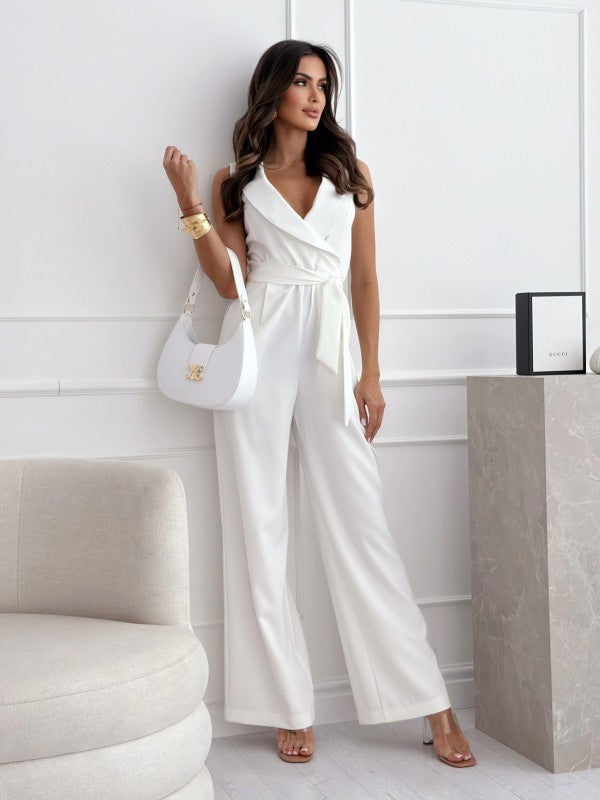Sleeveless V-Neck Waist Lace-Up Jumpsuit