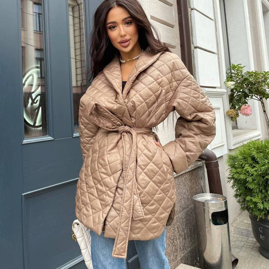 Slim-Fit Lace-Up Lapel Plaid Cotton-Padded Women's Coat