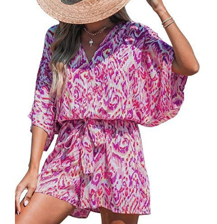 V-Neck Printed Lace-Up Bat Jumpsuit