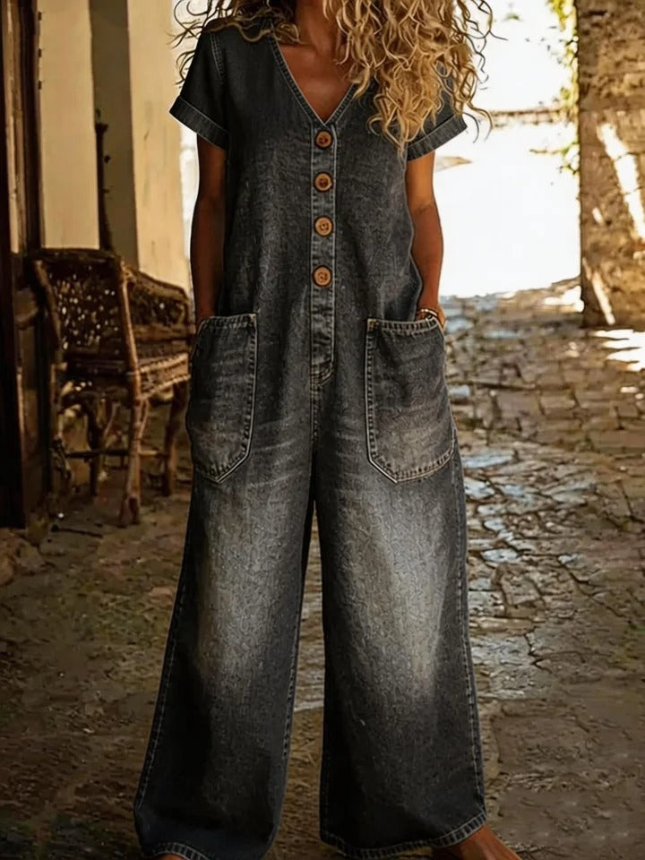Womens Retro Summer Cotton-Linen Button-Pocket Comfortable Short-Sleeve Casual