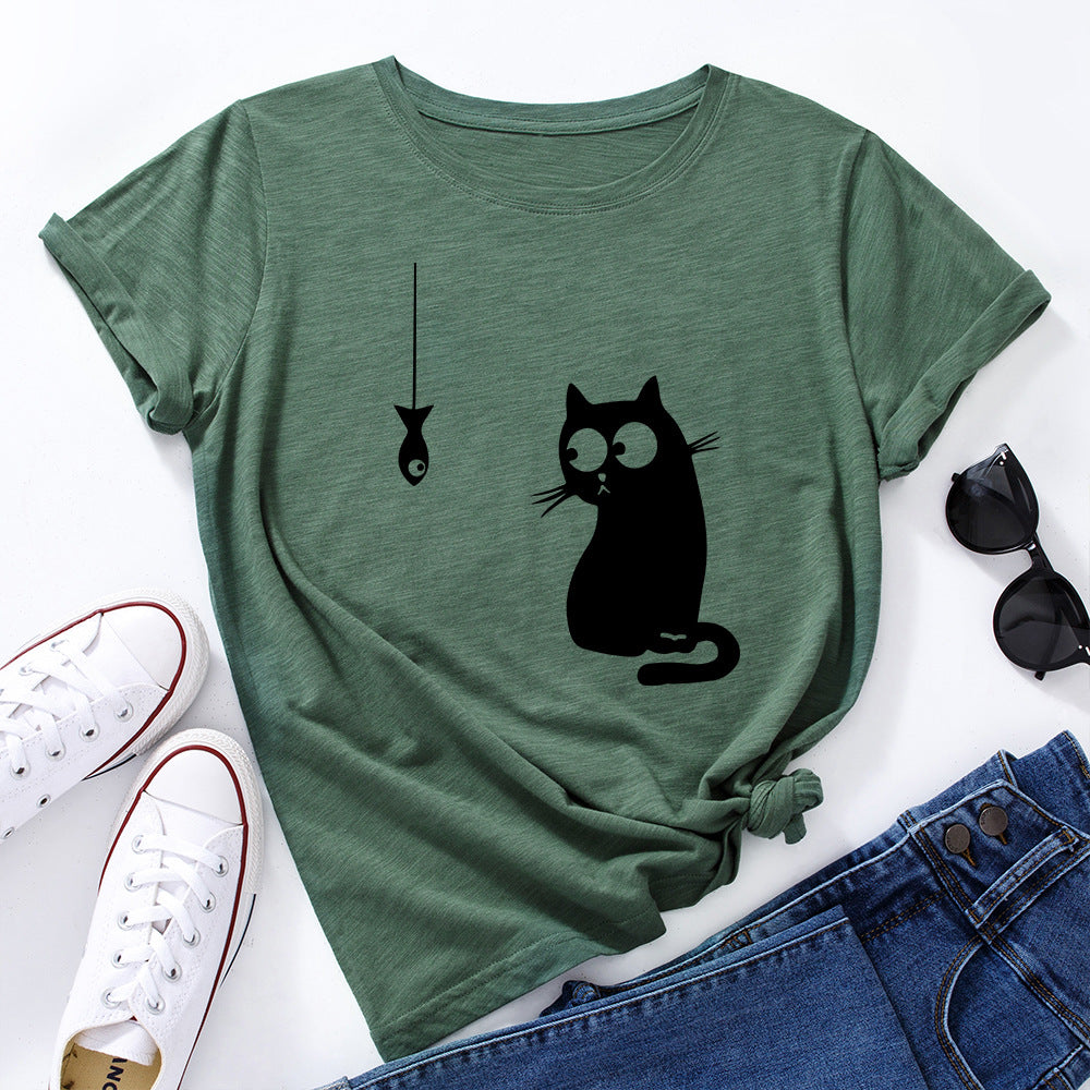 Women's Cute Cat Loose Round-Neck Cotton Short Sleeve T-Shirt