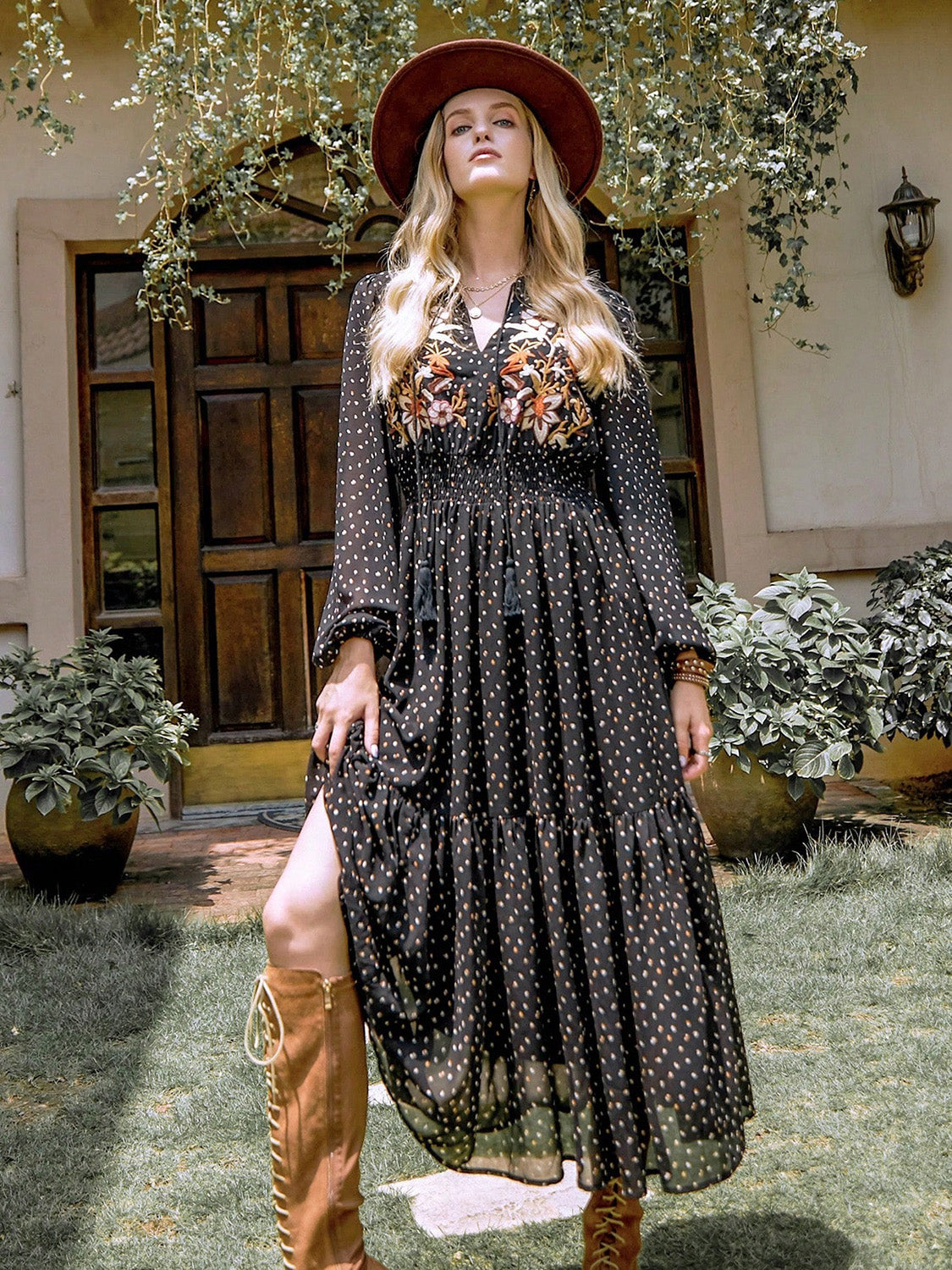 Embroidered Polka Dot Tie-Neck Long-Sleeve Midi Dress - US only