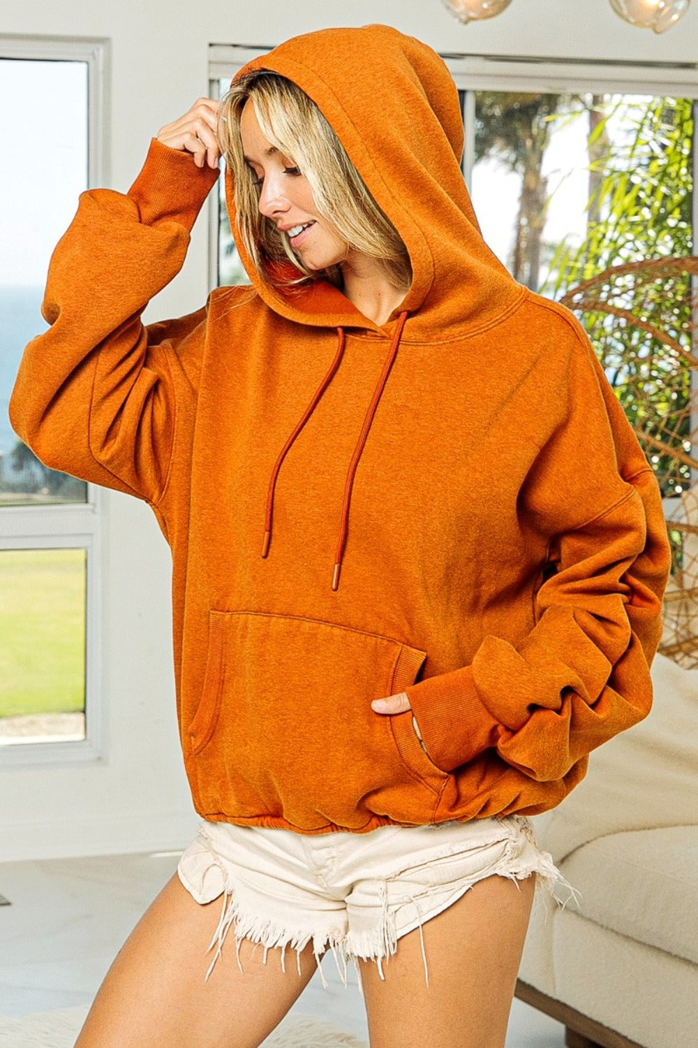 Ruched Long-Sleeve Washed Fleece Hoodie - US Only
