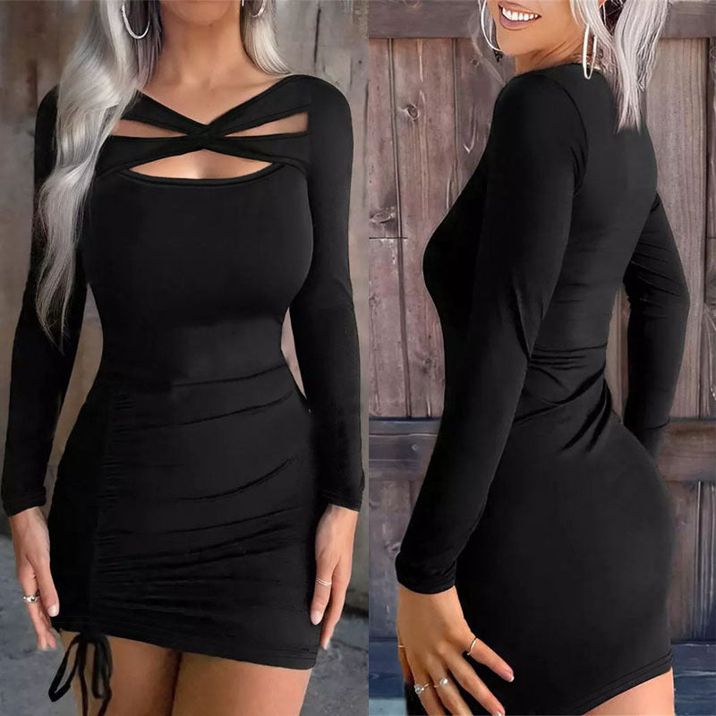 Women's V-Neck Long-Sleeve Tight-Fit Mini Dress