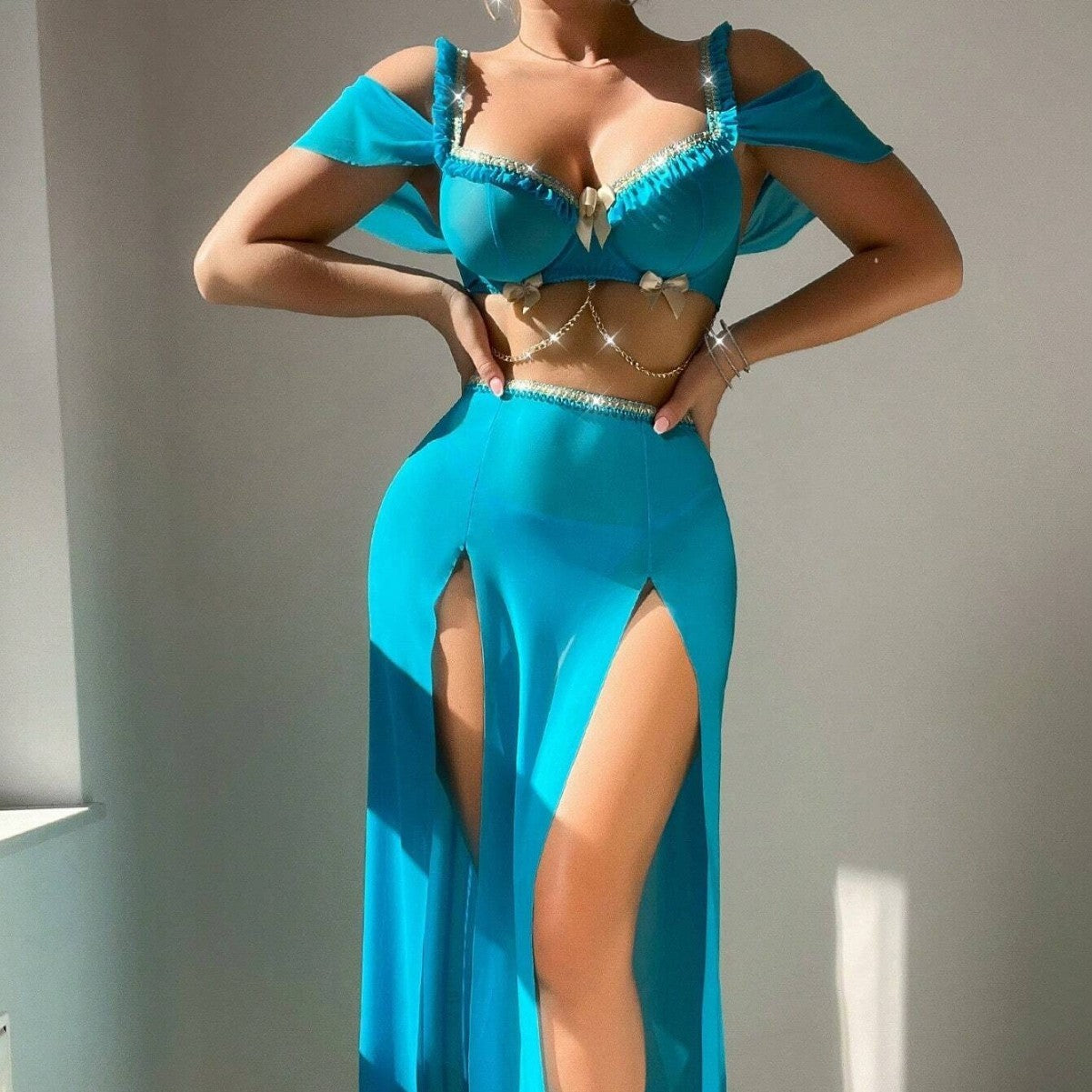 Bow Chain Sling Pure Desire High-Slit Skirt Outfit