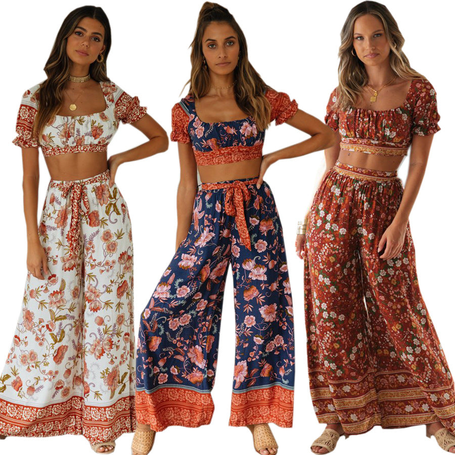 Women's Bohemian Holiday-Style Printed Suit - Short Top, High-Waist Trousers